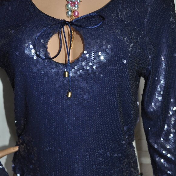Women's Bell Long Sleeve Sequin Holiday Top - Wild Fable Navy Blue Size Large - Picture 2 of 4